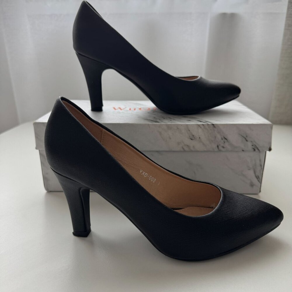 Women Black Pointed Toe Heels Pumps For Classic Faux Leather Comfortable Shoes - Picture 2 of 9